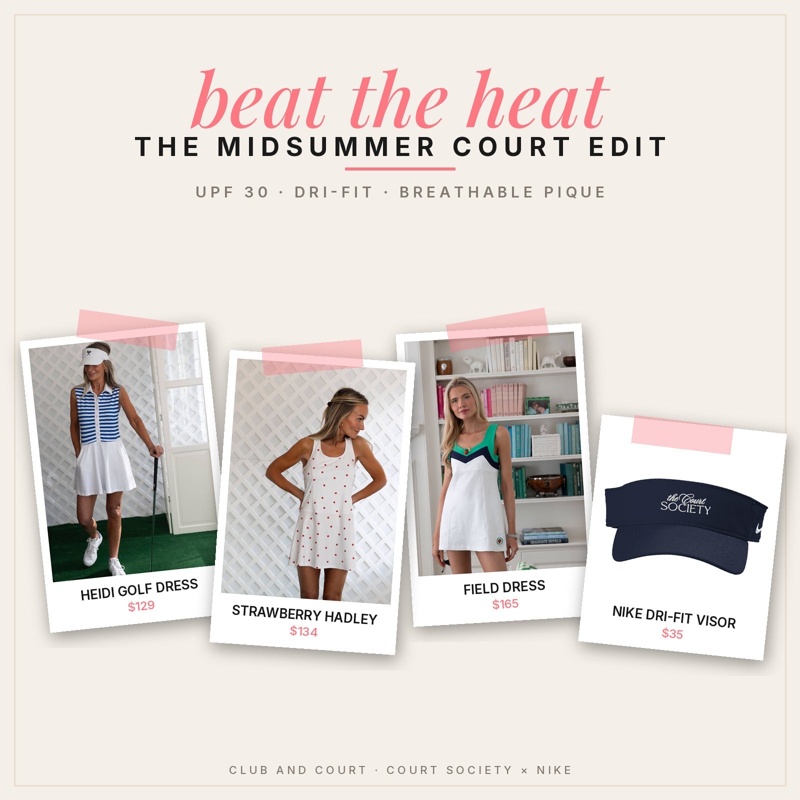 Beat the Heat: The Midsummer Court Edit β collage of Club and Court dresses and The Court Society Nike Dri-FIT visor