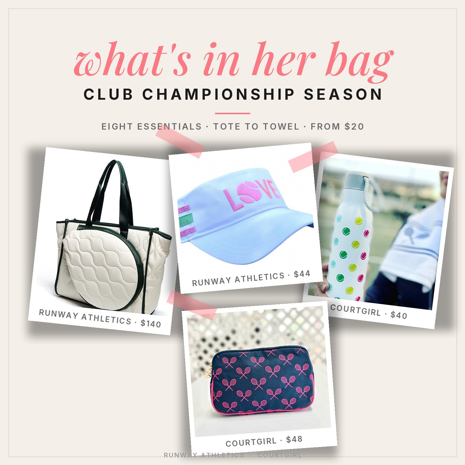 What's in her bag — club championship season tennis bag essentials: Runway Athletics quilted tote and LOVE canvas visor, Courtgirl insulated water bottle and navy travel pouch