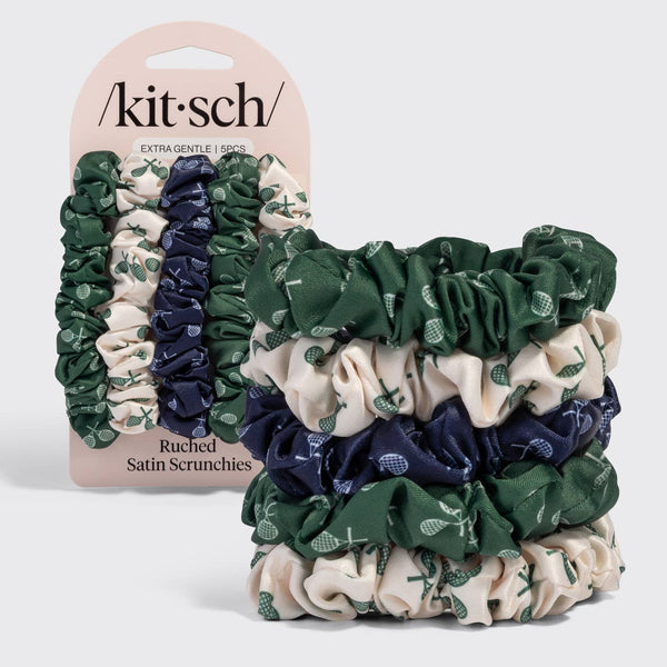 KITSCH satin scrunchies 5-pack in cream, green & navy β women's accessories at The Court Society boutique