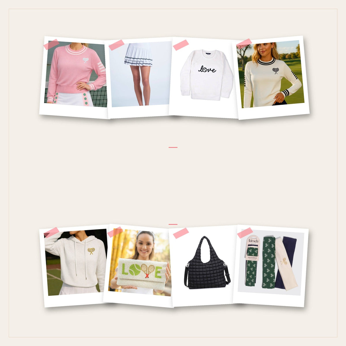 Polaroid collage of fall pickleball and tennis layers: pink knit tennis sweater, pleated skirt, love sweatshirt, hoodie, beaded clutch and quilted bag
