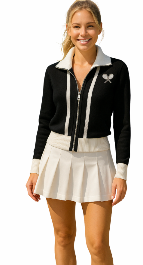 Zip-Up Tennis Cardigan – Black & Off-White