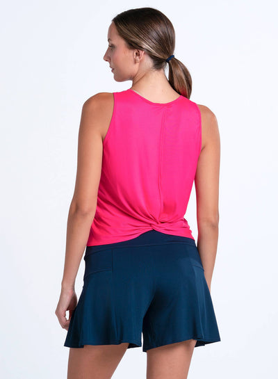 Lucky In Love Twist Back Rib Tank in Shocking Pink — back view