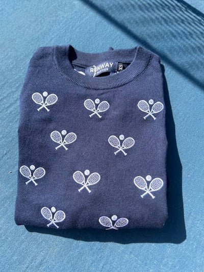 Runway Athletics Crew Neck Tennis Sweater in Navy & White — detail view