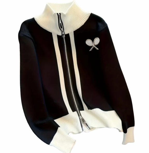 Zip-Up Tennis Cardigan – Black & Off-White